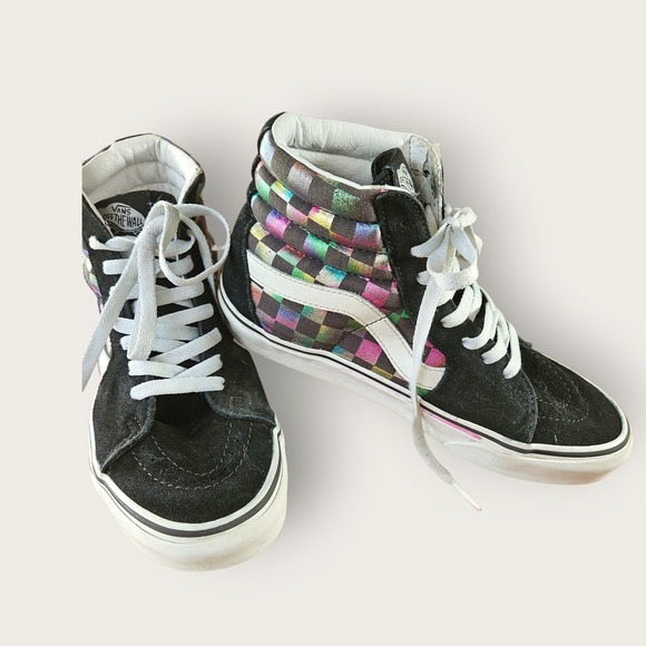 Vans Sk8-Hi Rainbow Iridescent Checkered High‎ Top Sneakers Black Suede Womens 7 - Picture 1 of 9